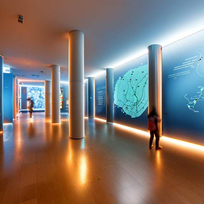 01324-1532956494-A minimalist science and technology museum, an exhibition hall, with a huge screen hanging on the wall, emitting blue light, a m.png